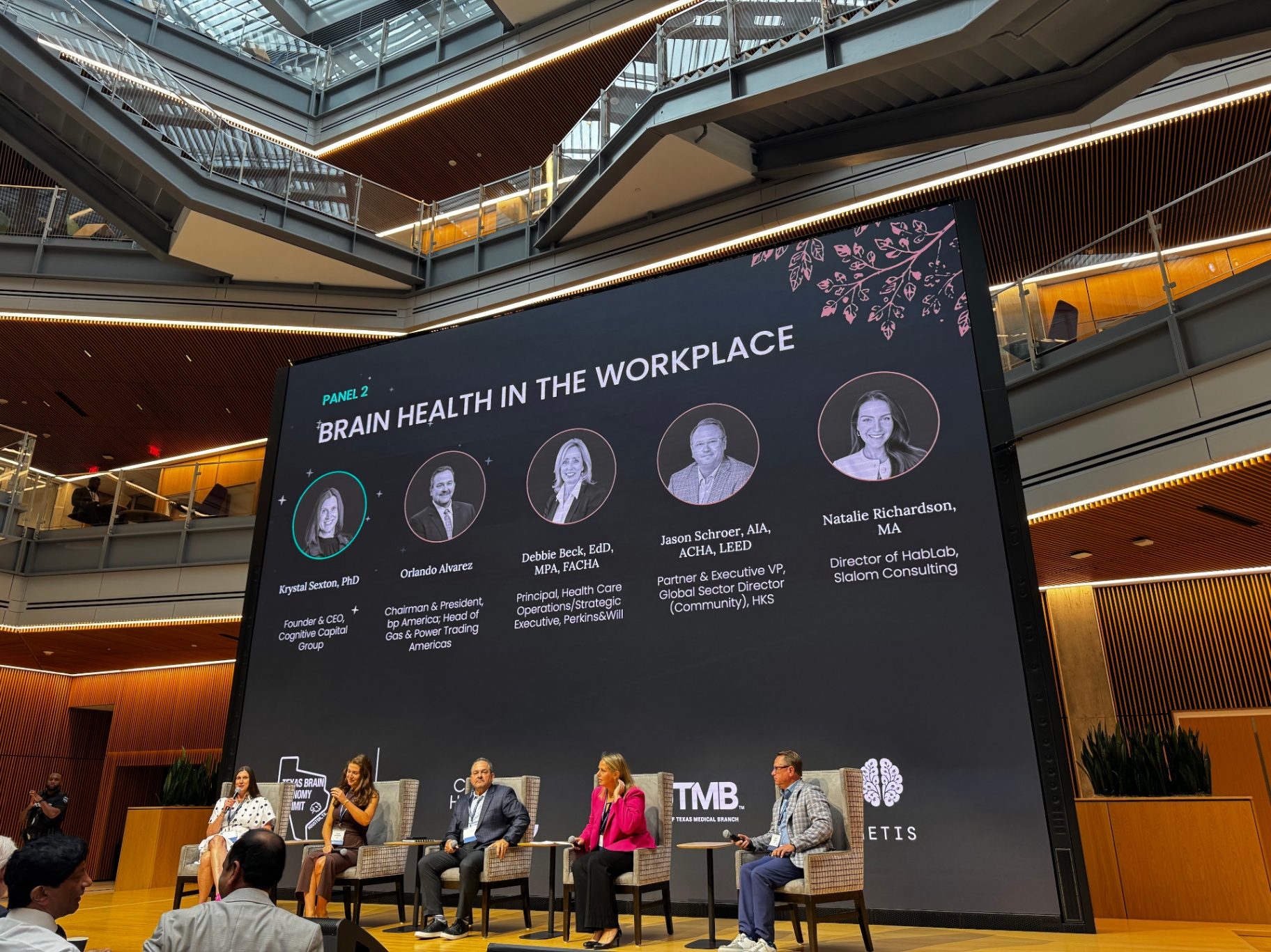 Panel 2: Brain Health in the Workplace at the Texas Brain Economy Summit, with Natalie Richardson of Slalom on stage.